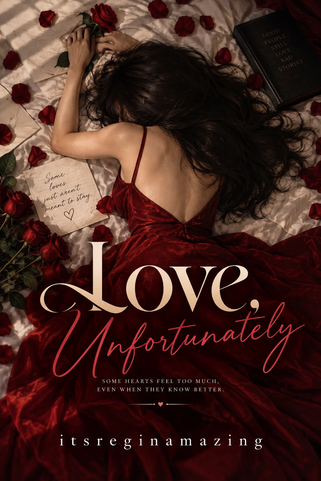 Cover of Love, Unfortunately by itsreginamazing: a woman in a red dress lying among roses and letters.