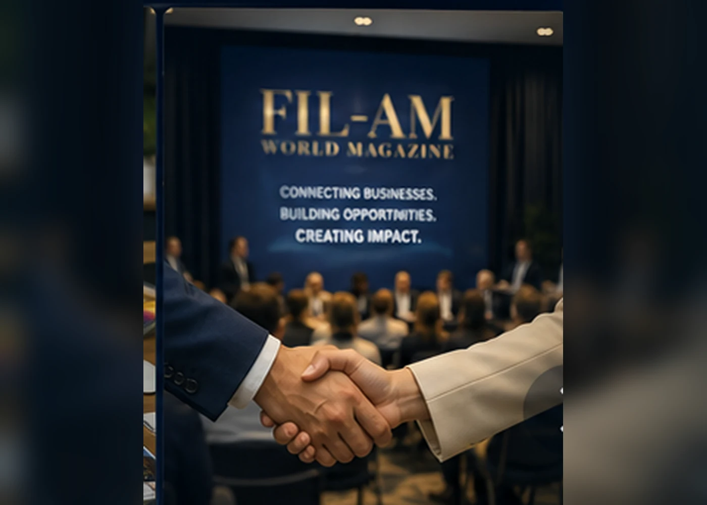 Business leaders forming an advertising and sponsorship partnership at a community event
