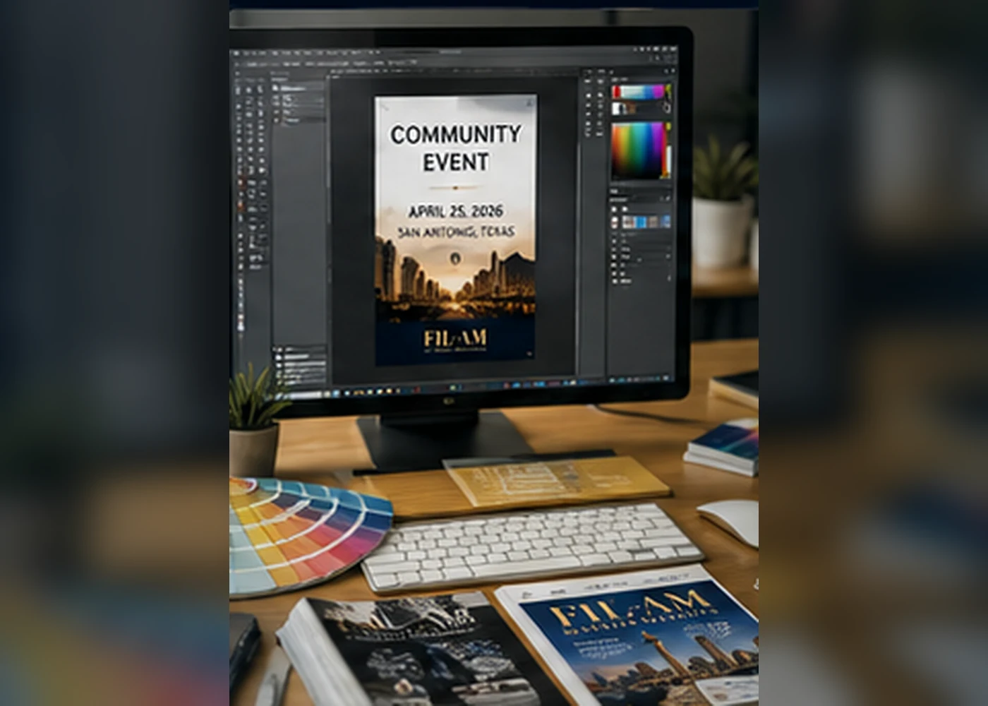 Professional print and display design workspace with magazine layouts, event collateral and color proofs
